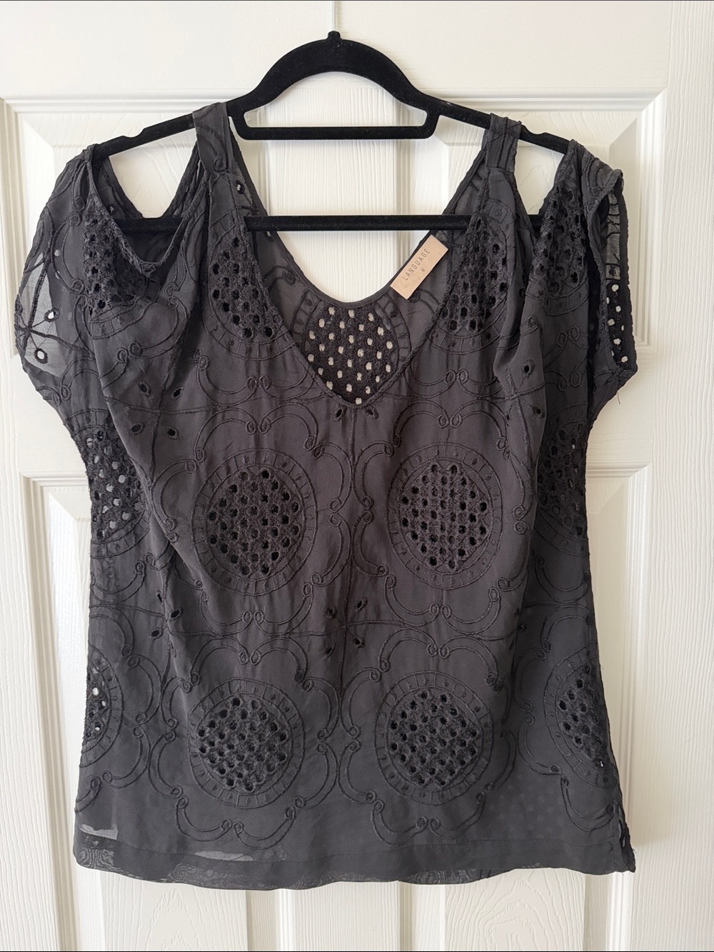 Language Charcoal Black Eyelet Cold-Shoulder Blouse